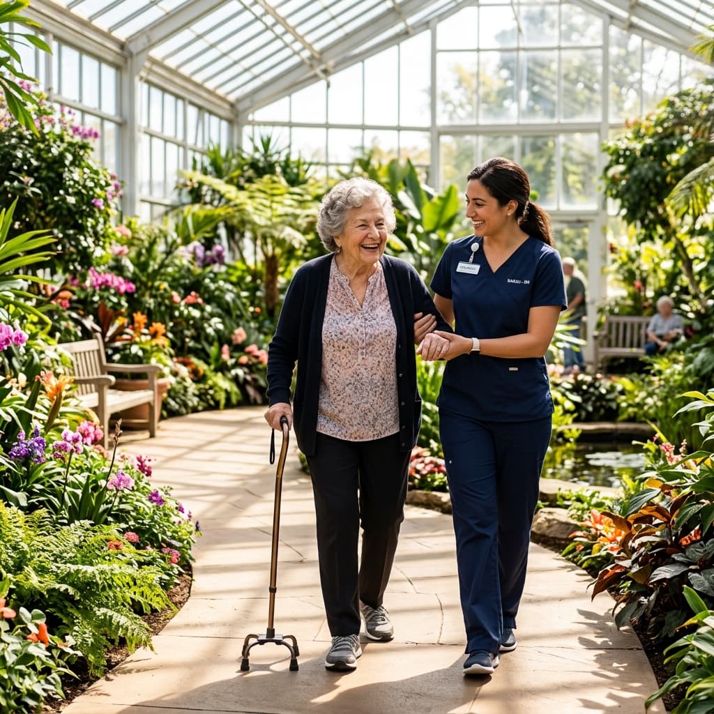 Elderly patient smiling while nurse helps them walk