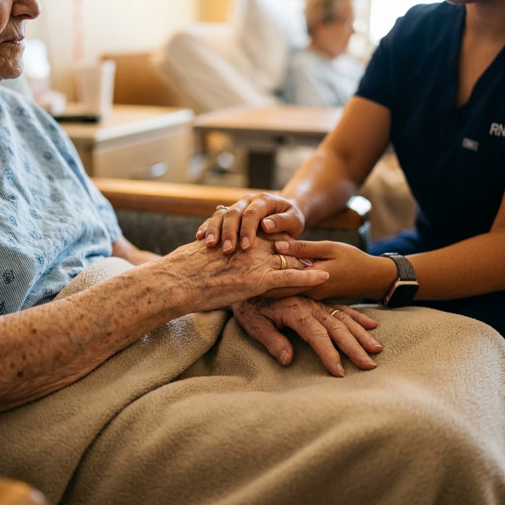 Nurse holding patient's hands with care
