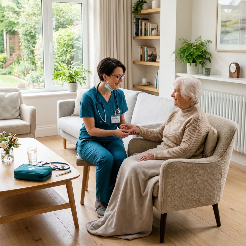 Professional nurse caring for an elderly patient at home